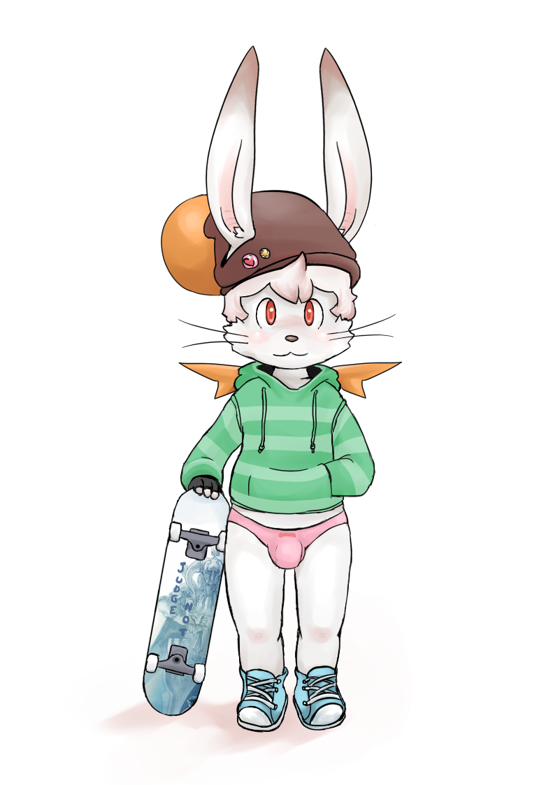 anthro bulge clothing cub final_fantasy front_view hand_in_pocket headgear hoodie lambent looking_at_viewer male mammal moogle penis_outline pink_underwear running_shoes skateboard skater solo standing thong video_games whiskers young