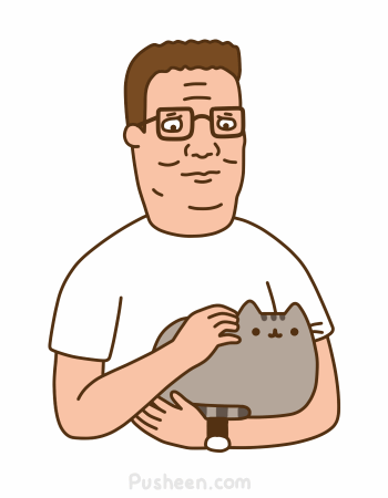animated cat clothing cute duo eyewear feline feral glasses hair hank_hill happy hug human king_of_the_hill low_res male mammal petting pusheen pusheen_corp shirt short_hair simple_background size_difference smile watch white_background