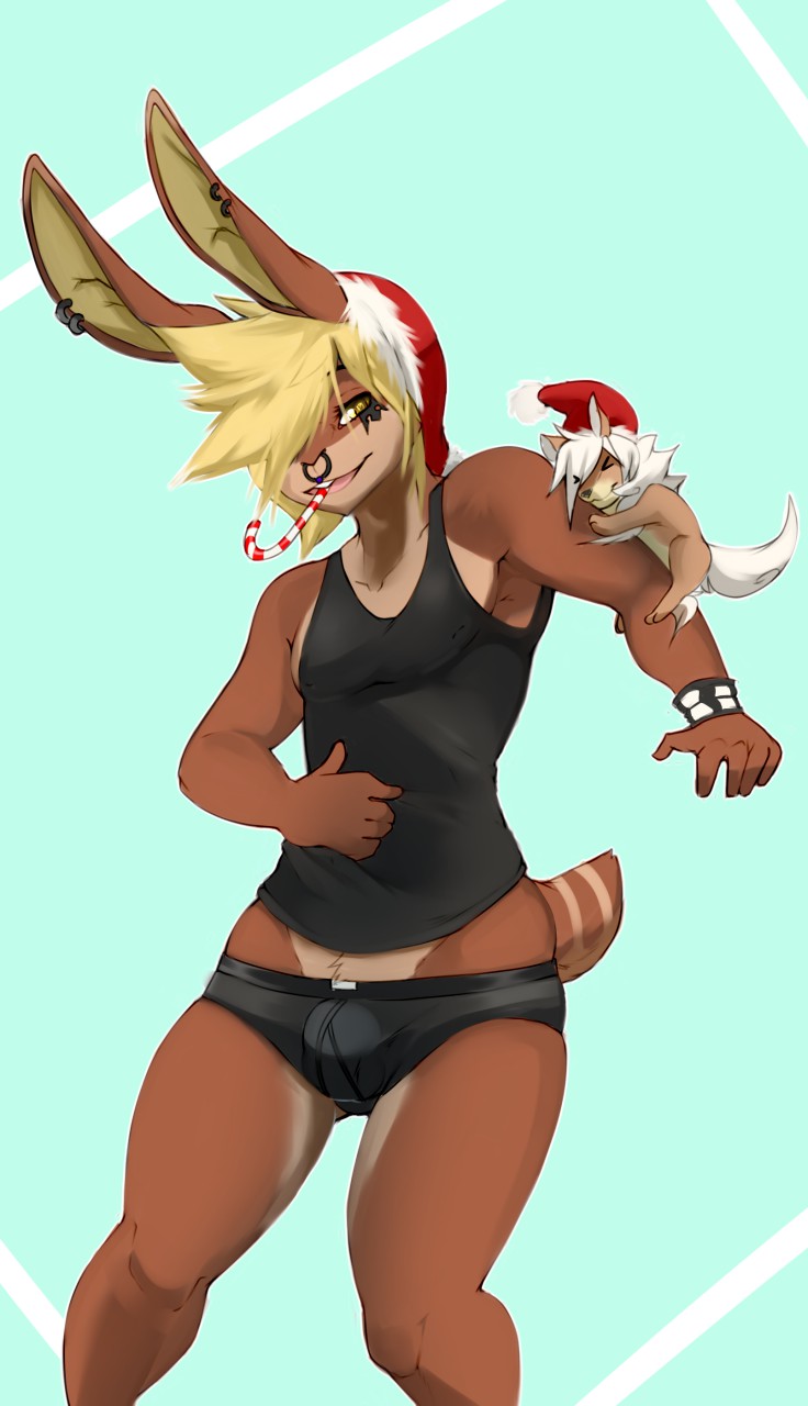 5_fingers anixis anthro blonde_hair bracelet briefs brown_fur bulge candy candy_cane christmas clothing food fur hair hat hi_res holidays jewelry lagomorph macro male mammal piercing rabbit santa_hat shirt simple_background size_difference standing tank_top underwear white_hair yellow_eyes