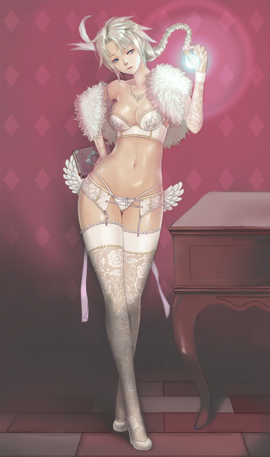 ass_visible_through_thighs bangs blue_eyes book bra braid breasts cleavage cross-laced_clothes detached_sleeves diamond_(shape) drawer feathered_wings feathers floral_print flower full_body fur_trim furniture garter_belt glowing hair_feathers hand_on_hip head_tilt high_heels highleg highleg_panties highres holding holding_book indoors jewelry lace lace-trimmed_thighhighs lace_legwear light_bulb long_hair low_wings medium_breasts mook1218 navel necklace panties parted_bangs parted_lips pink_ribbon pointy_ears qurare_magic_library ribbon rose running_bond shade shawl shoes single_braid solo standing stomach strap_gap string_panties thigh_gap thighhighs thorns tile_floor tiles underwear white_bra white_footwear white_hair white_legwear white_panties white_wings wings