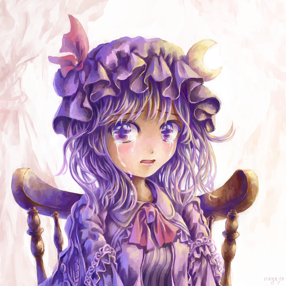 alternate_hair_length alternate_hairstyle artist_name bad_id bad_pixiv_id chair crescent crescent_hair_ornament crying crying_with_eyes_open curtains dress hair_ornament hat hat_ribbon looking_at_viewer mob_cap nagayo open_mouth patchouli_knowledge purple_eyes purple_hair ribbon robe short_hair solo striped striped_dress tears touhou upper_body white_background