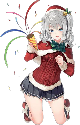banned_artist christmas hair_ornament kantai_collection kashima_(kantai_collection) looking_at_viewer official_art party_popper paseri pleated_skirt ribbon santa_costume silver_hair skirt smile solo transparent_background twintails wavy_hair