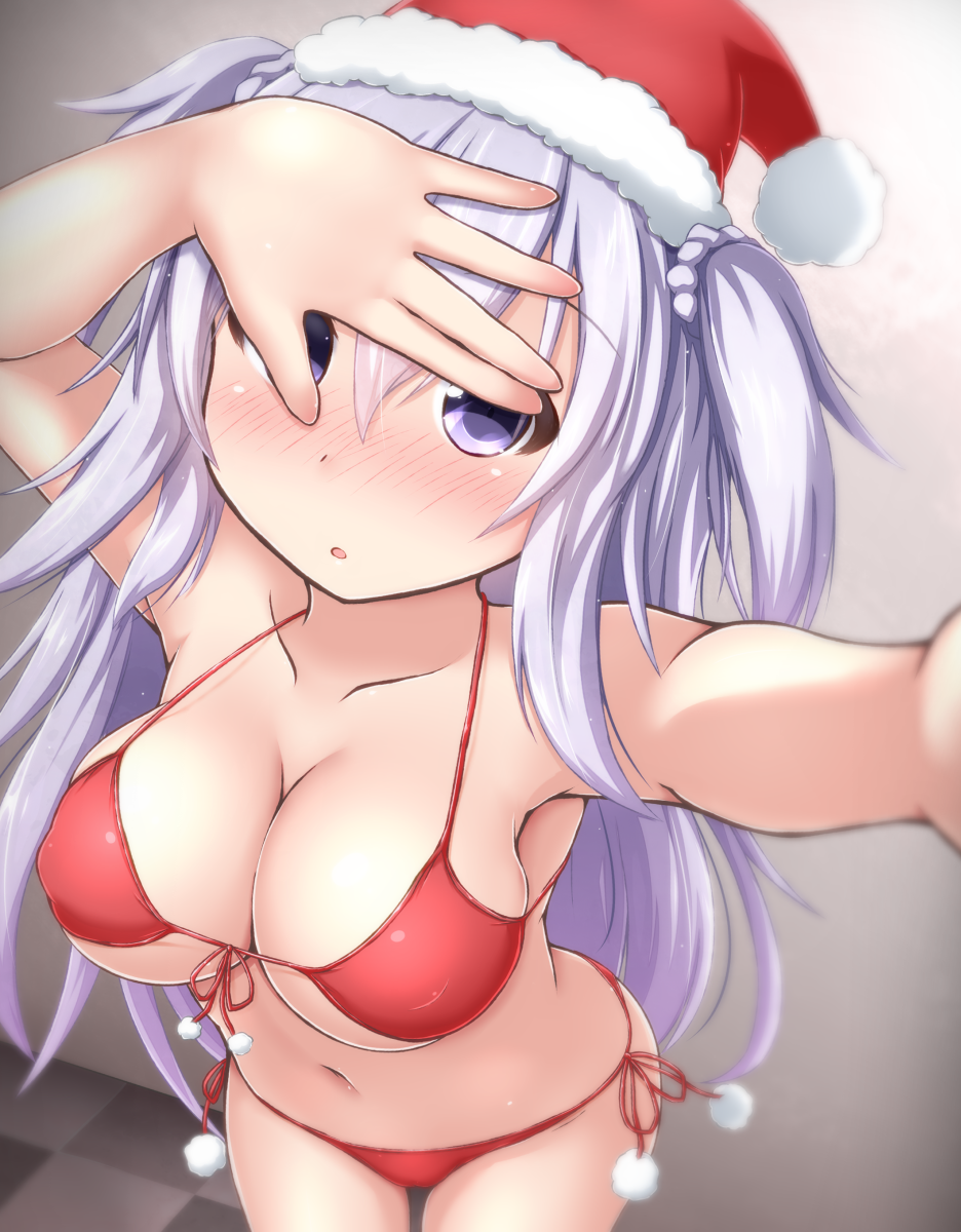 :o bikini blush breasts christmas covered_nipples covering_eyes front-tie_top gakusen_toshi_asterisk hat highres large_breasts lavender_eyes lavender_hair long_hair looking_at_viewer mumu_(mumunyan) reaching_out red_bikini santa_hat self_shot side-tie_bikini solo swimsuit toudou_kirin two_side_up very_long_hair