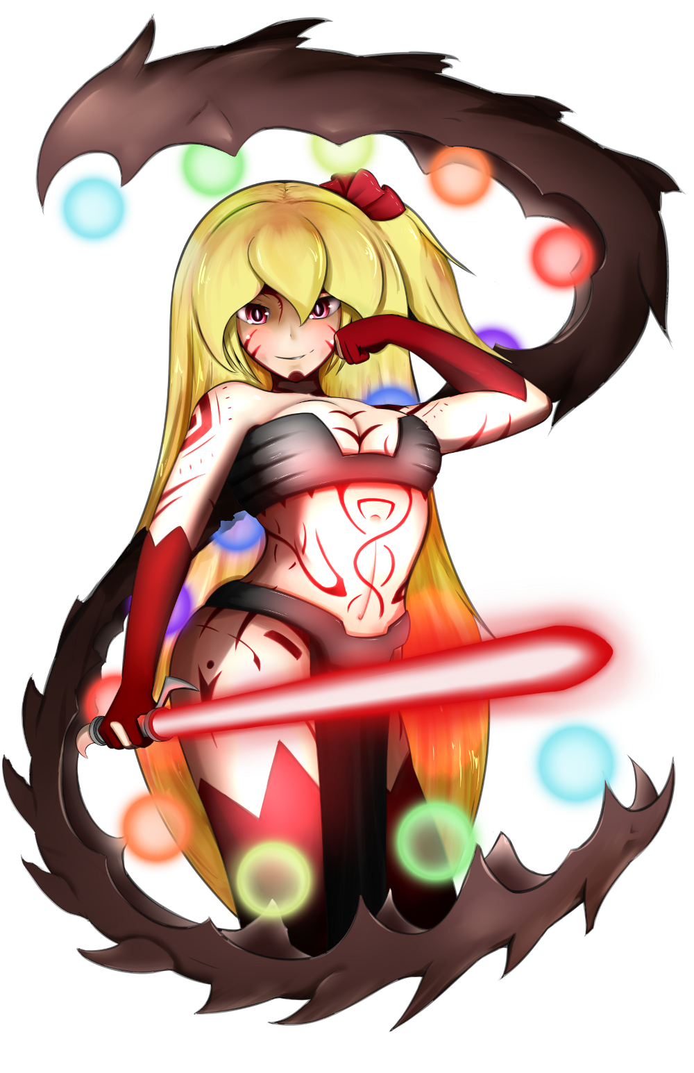 alternate_costume armor bikini_armor blonde_hair boots breasts energy_sword flandre_scarlet full_body_tattoo gloves highres hips large_breasts lightsaber loincloth nanostar red_eyes side_ponytail sith smile solo star_wars sword tattoo thigh_boots thighhighs touhou transparent_background weapon wings