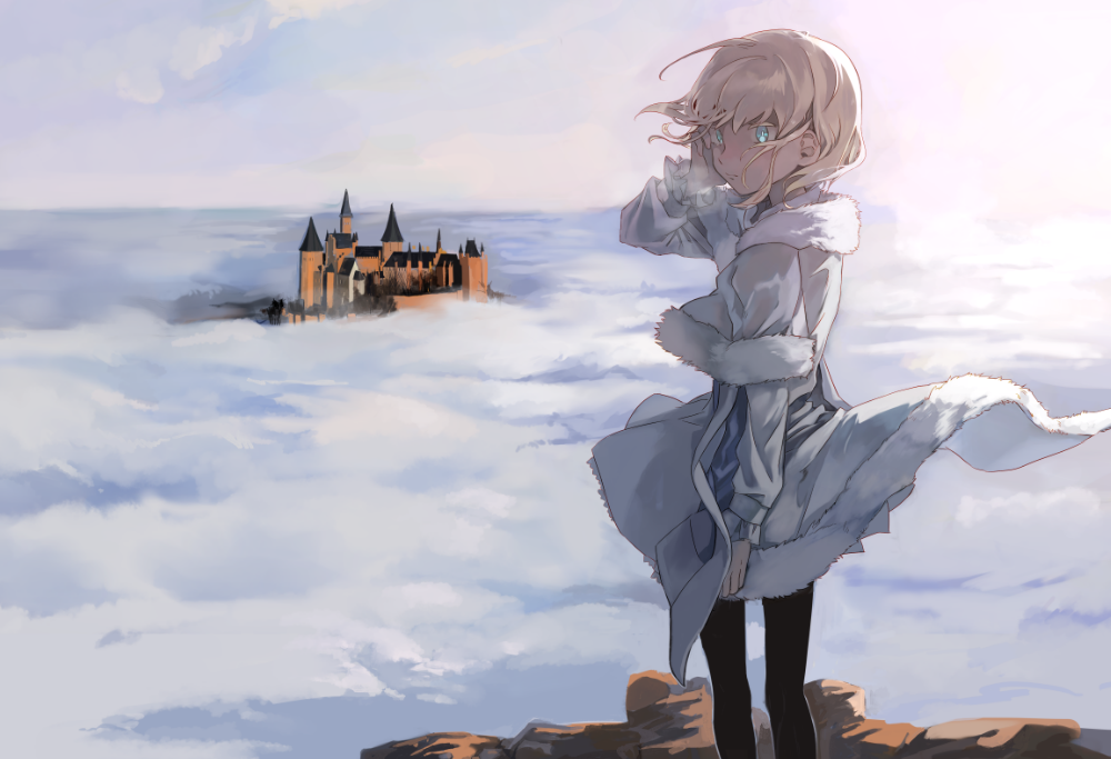 blonde_hair blue_eyes castle cloud hand_on_own_cheek jacket leivinia_birdway pantyhose solo to_aru_majutsu_no_index to_aru_majutsu_no_index:_new_testament toooka