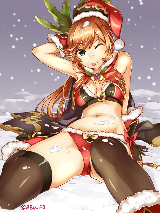 abo_(hechouchou) bare_shoulders brown_hair clarisse_(granblue_fantasy) gloves granblue_fantasy green_eyes hat navel santa_hat snow snow_on_body snow_on_head solo thighhighs