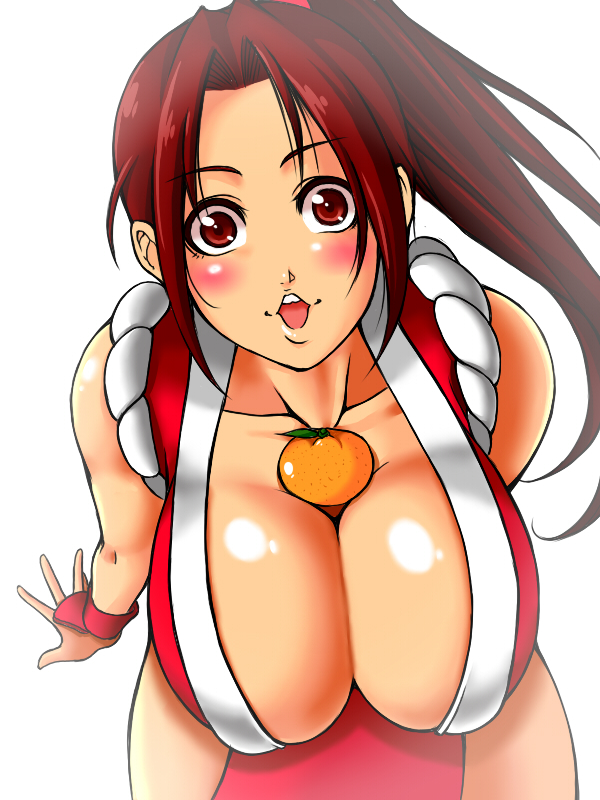 :o between_breasts blush breasts brown_eyes brown_hair cleavage fatal_fury food from_above fruit huge_breasts kagami_mochi leaning_forward long_hair mandarin_orange oppai_mochi orange pelvic_curtain pleasure-treasure ponytail shiranui_mai solo the_king_of_fighters