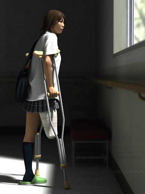 amputee asian bag brown_hair crutch realistic school_uniform schoolgirl skirt yoshitaka_kawakami
