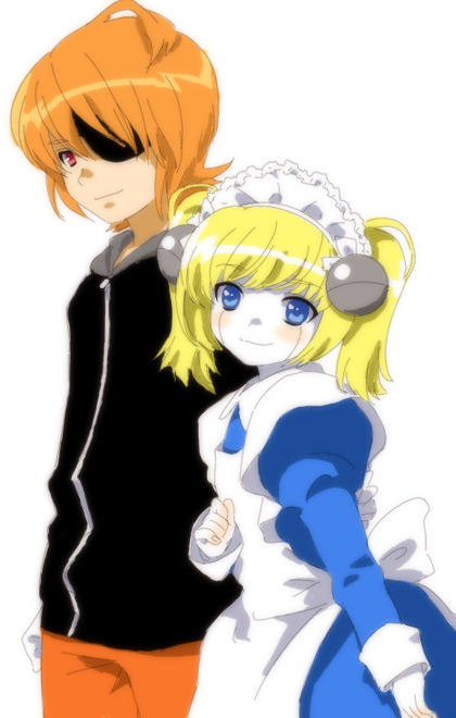 1girl android blonde_hair blue_eyes blush claus couple eyepatch face hetero lil_miss_marshmallow maid mother_(game) mother_3 orange_hair red_eyes senntakuya smile spoilers