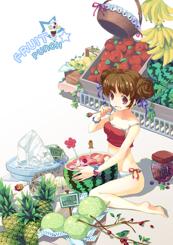 banana barefoot bikini brown_hair cherry double_bun food fruit fruit_cup lemon mintchoco_(orange_shabette) original pineapple purple_eyes sitting smile solo strawberry swimsuit tankini watermelon