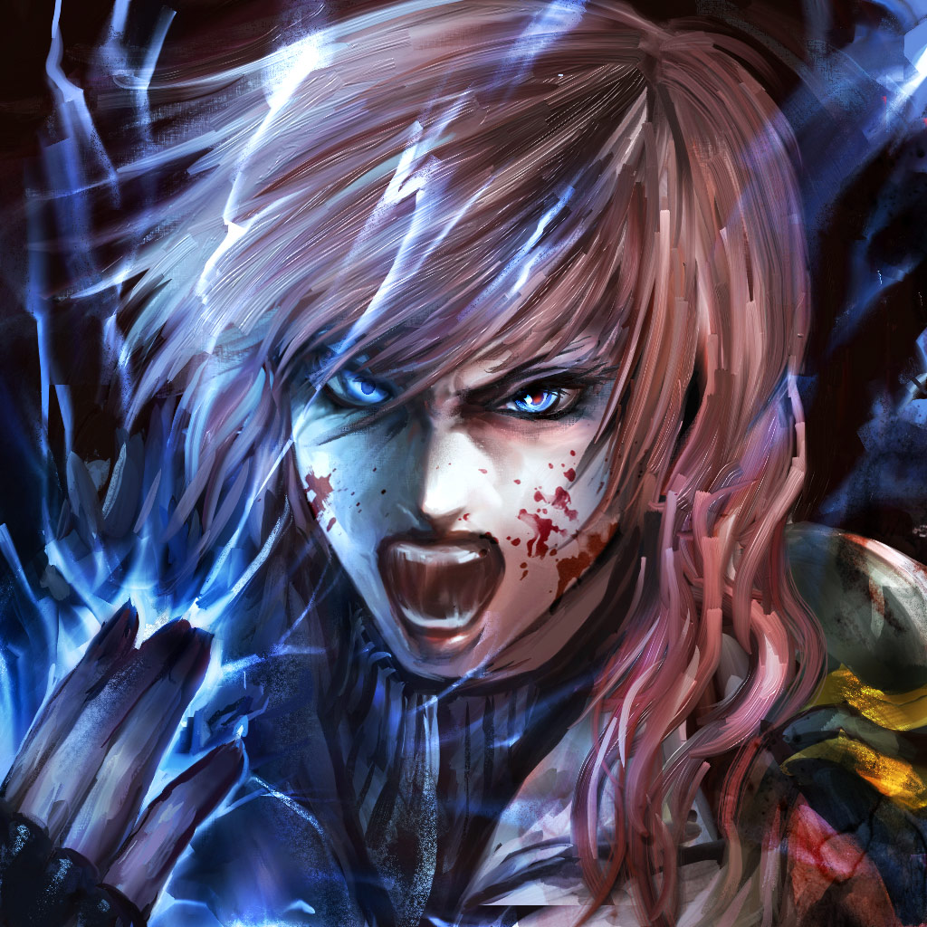 angry blood blood_on_face blue_eyes electricity final_fantasy final_fantasy_xiii hands lightning_farron long_hair raypass solo