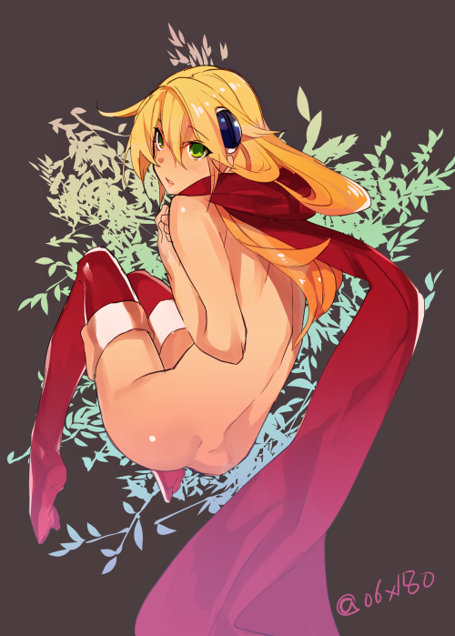 ass back blazblue blonde_hair boots green_eyes hair_ornament hyakuhachi_(over3) noel_vermillion nude scarf solo thigh_boots thighhighs