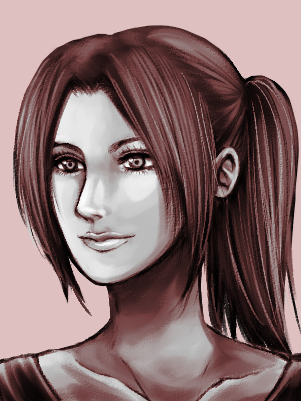 brown_hair claire_redfield close-up collarbone face lips long_hair mitty_(m@jenca) monochrome pink_background ponytail resident_evil resident_evil_2 sideburns simple_background solo
