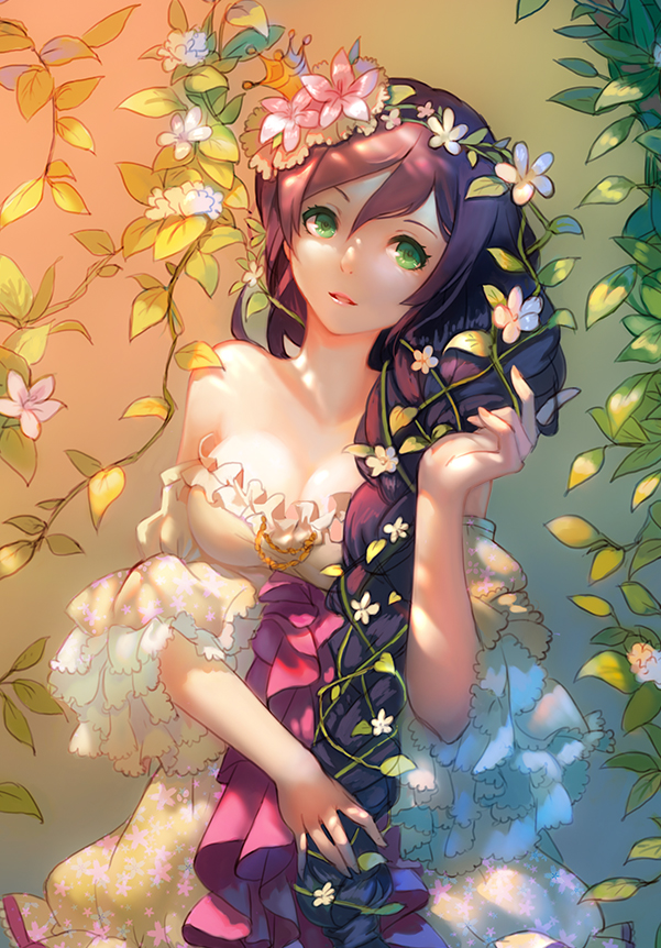 :d bare_shoulders black_hair braid breasts cleavage collarbone cowboy_shot crown dappled_sunlight detached_sleeves dress floral_print flower frilled_sleeves frills green_eyes hair_between_eyes hair_flower hair_ornament hair_over_shoulder hair_vines hand_in_hair leaf lips long_hair long_sleeves looking_at_viewer love_live! love_live!_school_idol_project medium_breasts minhoo open_mouth parted_lips plant single_braid smile solo strapless strapless_dress sunlight toujou_nozomi very_long_hair vines white_dress