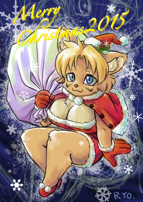 al anthro big_breasts blonde_hair blue_eyes braless breasts canine christmas cleavage clothed clothing dog female hair hat holidays mammal presenting presenting_breasts ryou santa_hat shirt snow solo teasing text