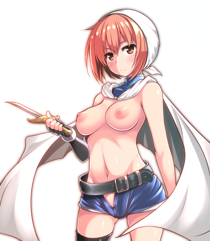 ass_visible_through_thighs bad_id bad_pixiv_id bangs bare_arms bare_shoulders belt big_wednesday black_gloves black_legwear blush bracelet breasts cape cowboy_shot crop_top dagger elbow_gloves expressionless fingerless_gloves gloves groin hair_between_eyes halterneck harissa_(sennen_sensou_aigis) head_scarf holding holding_weapon impossible_clothes jewelry large_breasts navel nipples no_panties open_fly orange_eyes orange_hair outline sennen_sensou_aigis serious short_hair short_shorts shorts simple_background single_elbow_glove single_glove single_thighhigh skin_tight solo standing stomach thighhighs unzipped weapon white_background white_cape