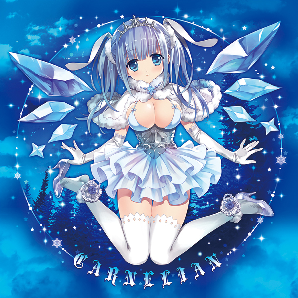 bad_id bad_pixiv_id blue_eyes blue_hair blue_wings breasts capelet carnelian cleavage crystal dress elbow_gloves gloves hair_ornament high_heels ice ice_wings large_breasts looking_at_viewer original shoe_dangle shoes shoes_removed smile solo tiara white_legwear wings