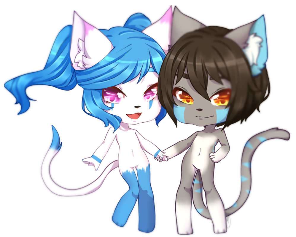 azzy black_hair blue_hair chibi feline hair hand_holding lyra mammal ring_blur spyrix