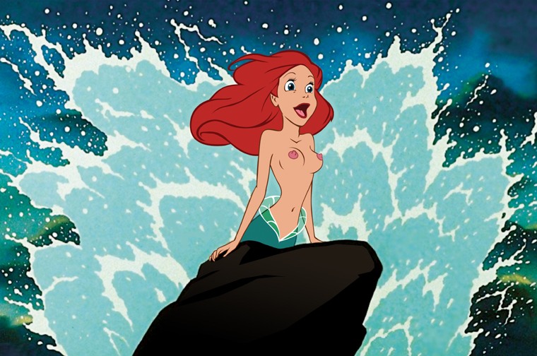 ariel blue_eyes breasts clothed clothing disney edit erect_nipples female hair half-dressed humanoid marine merfolk navel nipples open_mouth pink_nipples red_hair red_lips solo the_little_mermaid topless