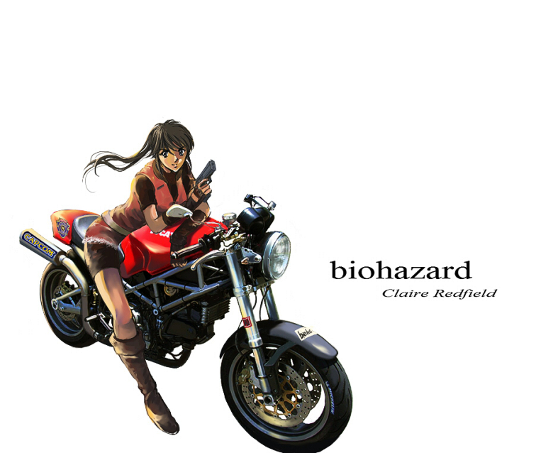 artist_request ass belt bike_shorts blue_eyes blush boots breasts brown_hair capcom character_name claire_redfield copyright_name denim fingerless_gloves full_body gloves ground_vehicle gun handgun headlight holding holding_gun holding_weapon leaning_forward long_hair motor_vehicle motorcycle ponytail resident_evil resident_evil_2 shorts sidelocks simple_background sitting smile solo trigger_discipline weapon white_background
