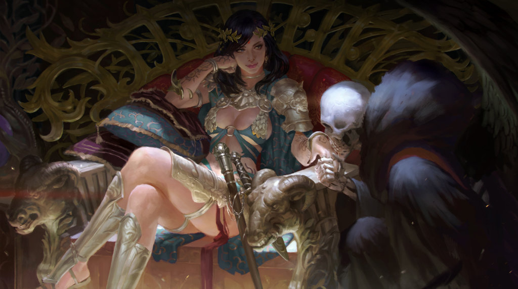 armor armored_dress bangle black_hair black_nails bracelet breasts cleavage commentary crossed_legs death_(entity) earrings fantasy faulds forehead_jewel greaves hand_kiss jewelry kilart kiss large_breasts light_smile lips nail_polish one_knee original revealing_clothes sitting skeleton skull throne