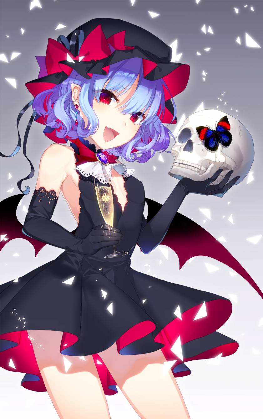 alcohol alternate_color alternate_costume banned_artist bat_wings blue_hair bow breasts bug butterfly champagne elbow_gloves fang gloves hat hat_bow highres insect mob_cap open_mouth red_eyes remilia_scarlet skull small_breasts solo touhou wings yusano