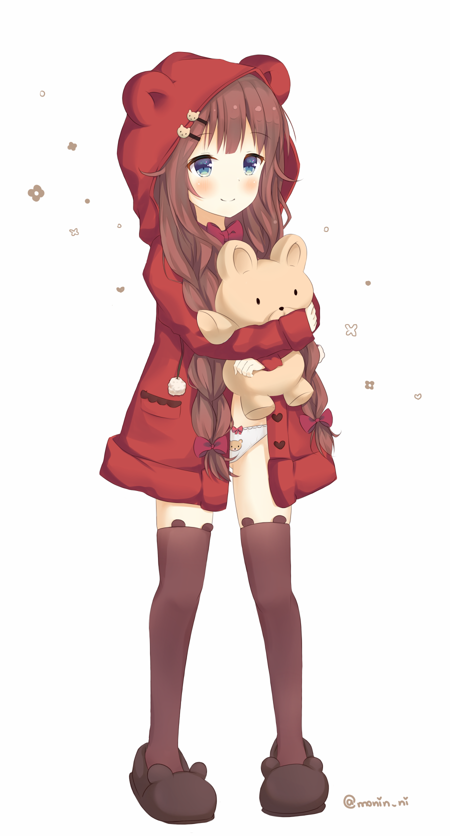 ahoge animal_hood animal_print bear_hair_ornament bear_hood bear_panties bear_print black_legwear blue_eyes blush bow bow_panties bowtie braid brown_hair coat eyelashes flower_(symbol) full_body hair_bow hair_ornament hairpin heart heart-shaped_buttons highres holding hood hooded_top lace lace-trimmed_panties long_braid long_hair mony no_pants object_hug original panties pom_pom_(clothes) print_panties red_bow red_coat red_hood red_neckwear simple_background slippers smile solo stuffed_animal stuffed_toy teddy_bear thighhighs twin_braids underwear white_background white_panties