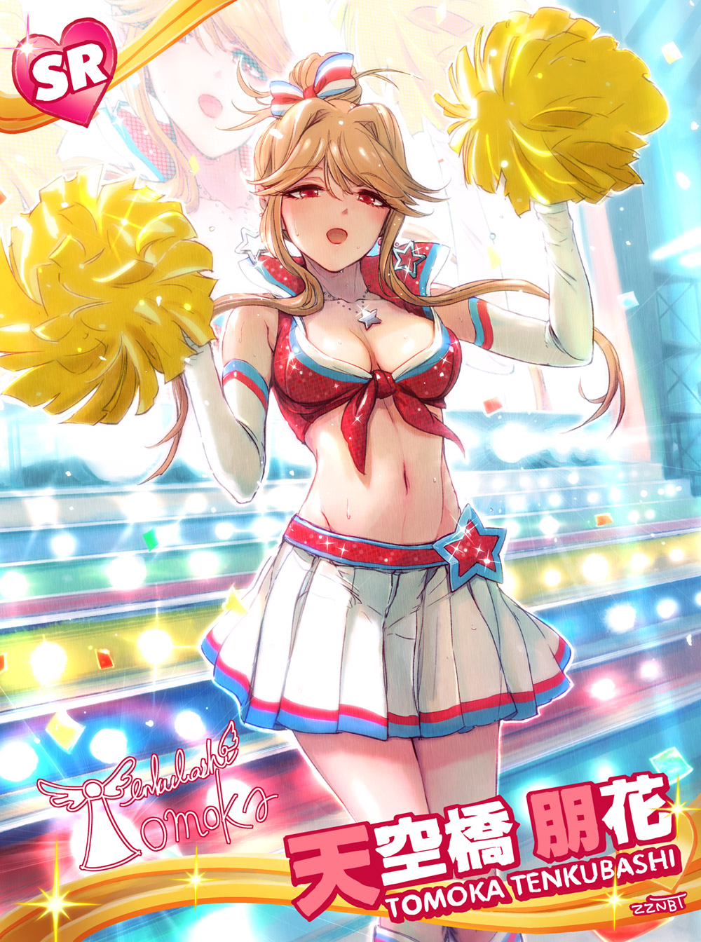 bow breasts brown_hair cheerleader chihiro_(kemonomichi) cleavage crop_top elbow_gloves front-tie_top gloves hair_bow hair_bun highres idolmaster idolmaster_million_live! jewelry looking_at_viewer medium_breasts midriff navel open_mouth pendant pom_poms red_eyes skirt solo star sweat tenkuubashi_tomoka white_gloves