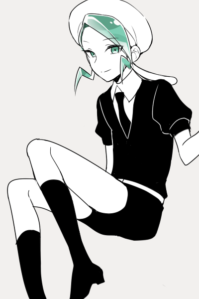 1other cosplay gem_uniform_(houseki_no_kuni) green_eyes green_hair houseki_no_kuni limited_palette male_focus mikuri_(pokemon) necktie phosphophyllite phosphophyllite_(cosplay) pokemon saku_anna simple_background solo