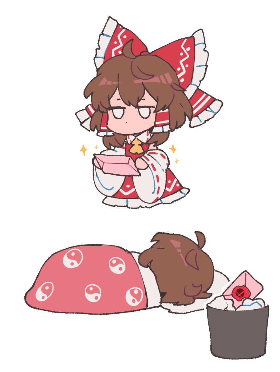 1girl ahoge akiyoku ascot blank_eyes blanket bow brown_hair chibi comic detached_sleeves envelope frills hair_bow hair_tubes hakurei_reimu jitome logo nintendo nontraditional_miko pillow short_hair simple_background skirt skirt_set sleeping sparkle super_smash_bros. touhou trash trash_can wax_seal white_background yin_yang