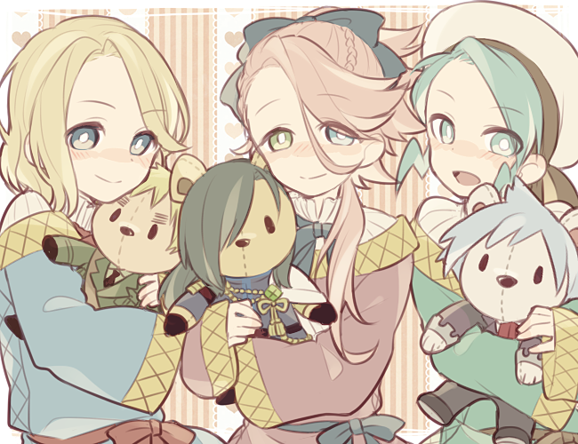 axis_powers_hetalia blonde_hair blue_eyes character_doll crossover eyes_visible_through_hair france_(hetalia) green_eyes green_hair hair_over_one_eye heterochromia long_hair looking_at_viewer male_focus mikuri_(pokemon) multiple_boys multiple_crossover nikkari_aoe objectification open_mouth pink_hair pokemon saku_anna smile souza_samonji stuffed_animal stuffed_toy teddy_bear touken_ranbu tsuwabuki_daigo united_kingdom_(hetalia)