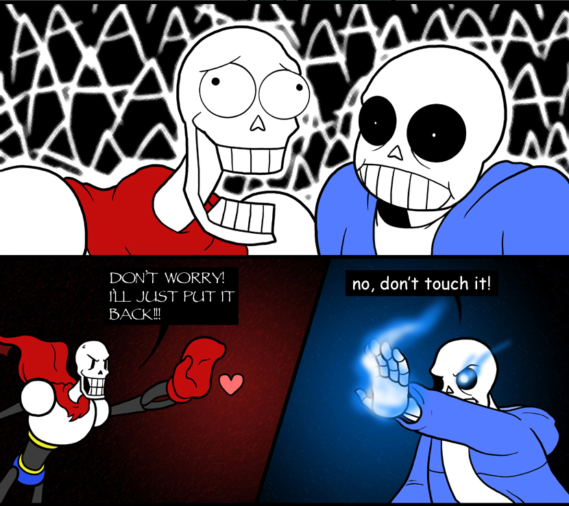 animated_skeleton bone clothing comic dialogue english_text glowing glowing_eyes hoodie low_res not_furry papyrus_(undertale) protagonist_(undertale) sane-soldier_(artist) sans_(undertale) scarf skeleton text undead undertale video_games