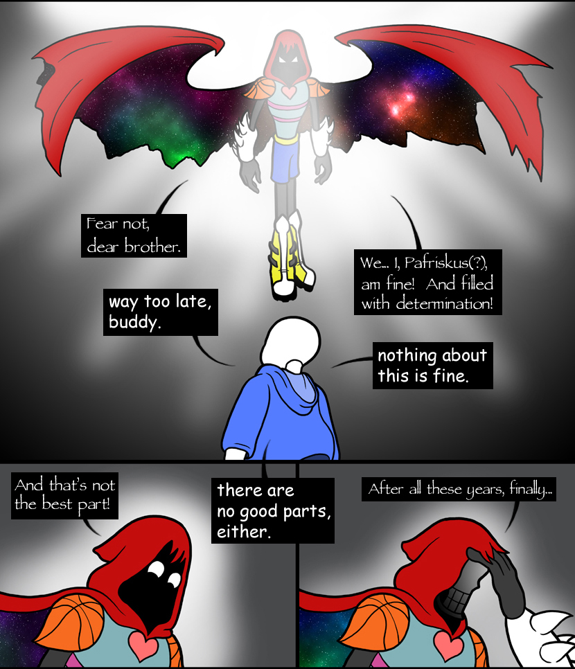 animated_skeleton bone cape clothing comic english_text fusion hoodie not_furry papyrus_(undertale) protagonist_(undertale) sane-soldier_(artist) sans_(undertale) skeleton text undead undertale video_games