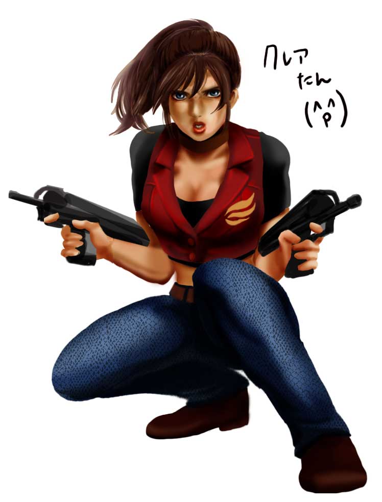 black_shirt blue_eyes breasts brown_hair buttons claire_redfield cleavage collarbone denim dual_wielding full_body gun handgun holding imi_uzi jeans pants ponytail resident_evil resident_evil_2 resident_evil_code:_veronica shirt shoes short_sleeves sidelocks simple_background solo squatting submachine_gun vest weapon white_background