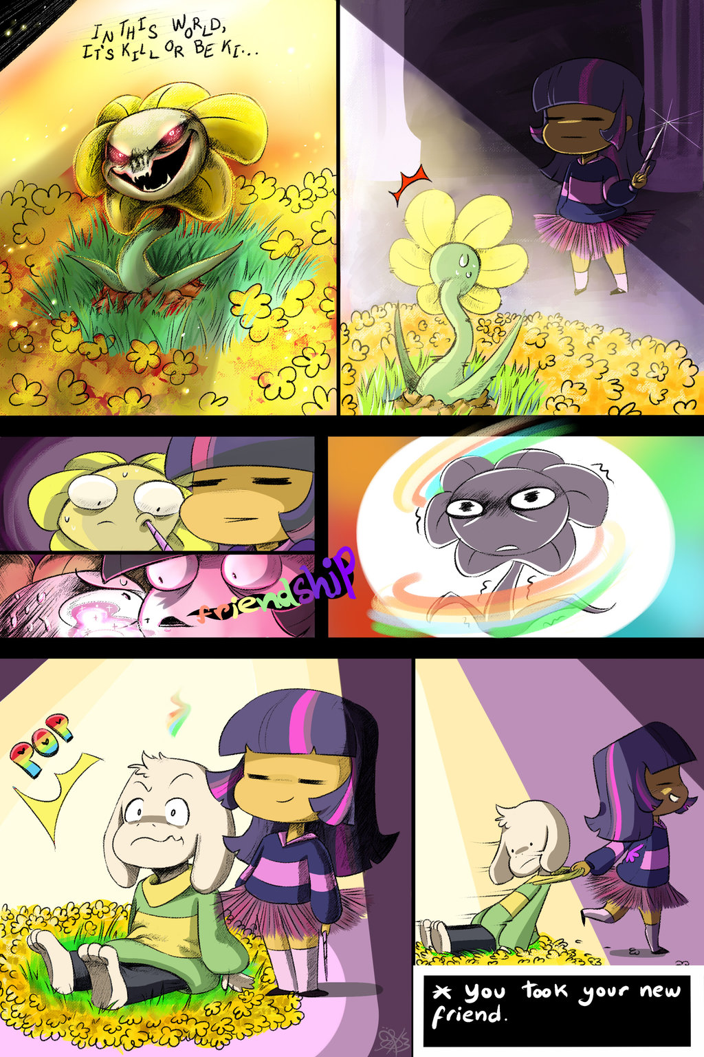 asriel_dreemurr caprine clothing comic crossover daughter-of-fantasy dialogue dragging flower flowey_the_flower friendship friendship_is_magic frown glare glowing glowing_eyes goat grin human humanized invalid_tag magic mammal my_little_pony open_mouth plant pulling shaking shivering smile smirk sweat text transformation twilight_sparkle_(mlp) undertale video_games wand wide_eyed