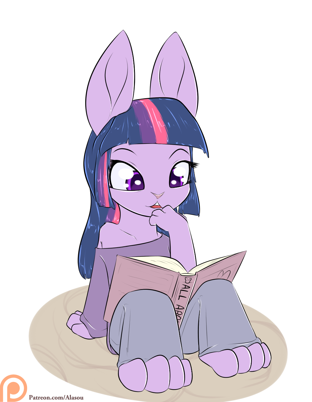 2015 alasou alpha_channel anthro book female friendship_is_magic hair hi_res lagomorph long_hair mammal multicolored_hair my_little_pony patreon purple_eyes rabbit reading simple_background solo transparent_background twilight_sparkle_(mlp)