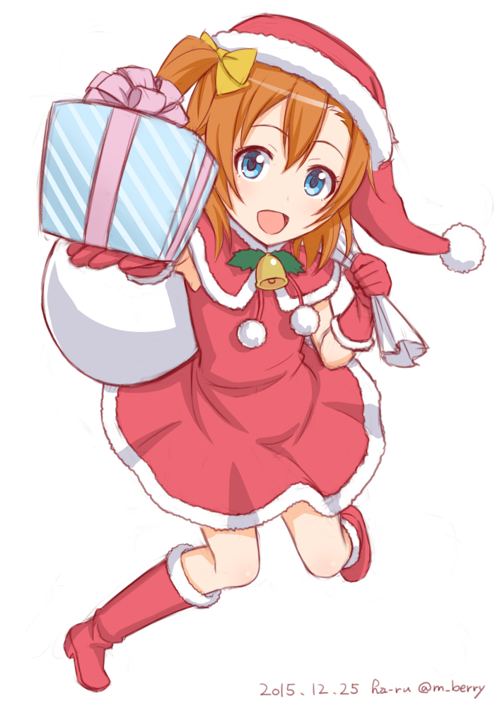 :d artist_name bell blue_eyes boots bow box christmas dated full_body gift gift_box gloves ha-ru hair_bow hat kousaka_honoka looking_at_viewer love_live! love_live!_school_idol_project one_side_up open_mouth orange_hair outstretched_arm over_shoulder pom_pom_(clothes) red_footwear red_gloves sack santa_boots santa_costume santa_gloves santa_hat simple_background smile solo twitter_username white_background