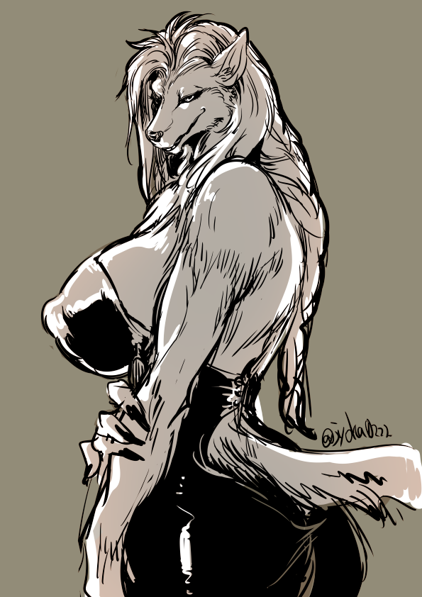 anthro big_breasts breasts canine clothed clothing dress female hair huge_breasts jyoka long_hair mammal nipple_bulge simple_background smile solo wolf