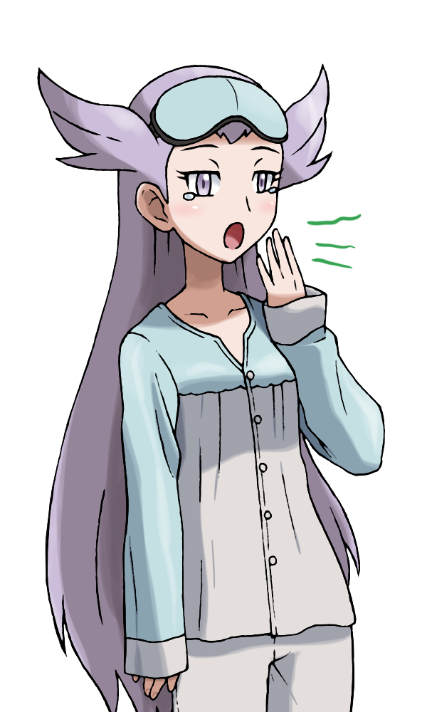 alternate_costume blue_shirt blush breasts collarbone cowboy_shot creatures_(company) female game_freak gym_leader half-closed_eyes hand_up long_hair long_sleeves matching_hair/eyes naga_(pokemon) nagi_(pokemon) nintendo open_mouth pajamas pants pokemon pokemon_(game) pokemon_oras purple_eyes purple_hair shirt simple_background sleep_mask small_breasts solo standing tears teru_zeta white_background white_pants yawning