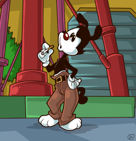 animaniacs black_fur cigarette clothing detailed_background ekuhvielle fur gloves looking_up male mammal pants solo standing warner_brothers watertower yakko_warner