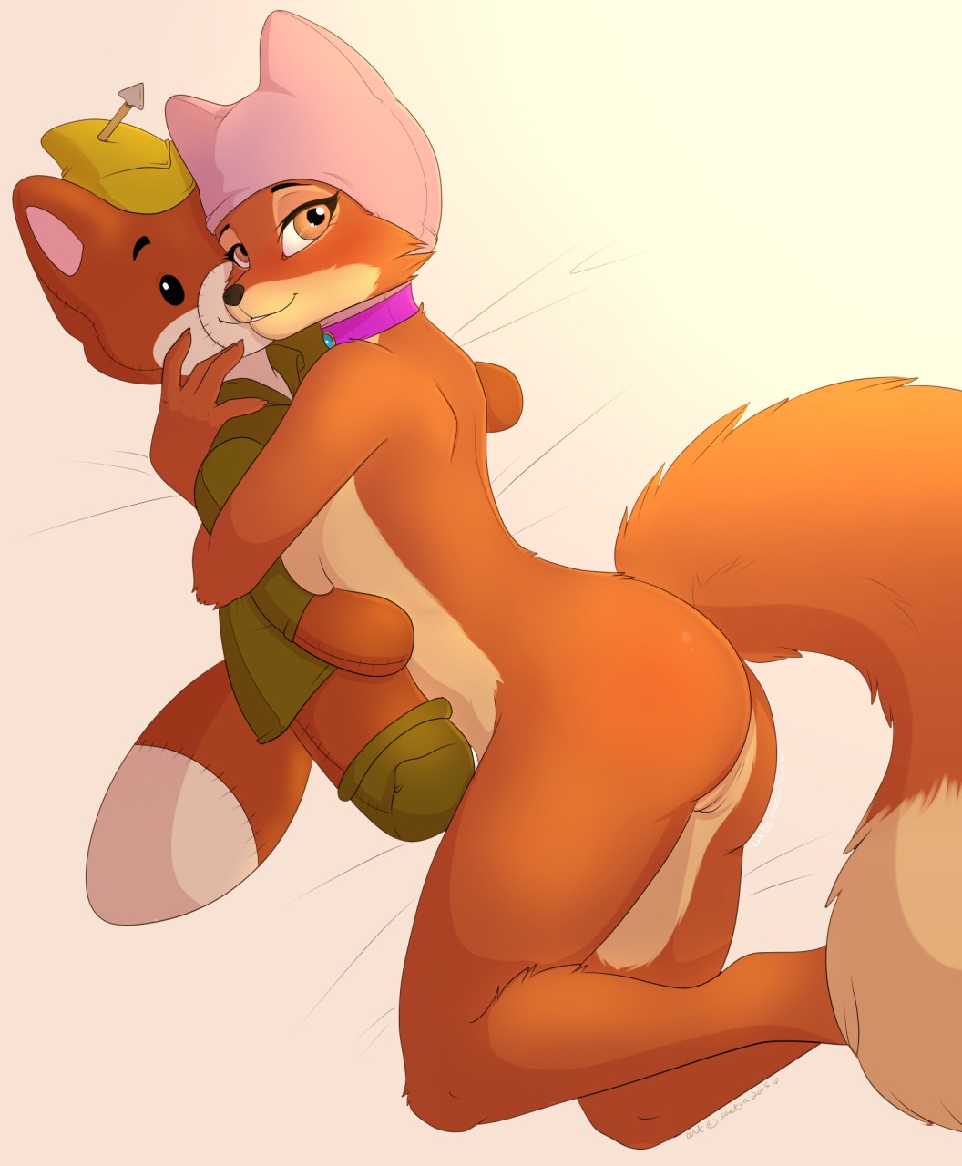2015 anthro blush breasts brown_fur brown_nose canine clothed clothing disney doll fluffy_tail fox fur looking_at_viewer maid_marian mammal nude orange_fur pinup plushie pose pussy robin_hood robin_hood_(disney) saetia side_boob solo vaginal