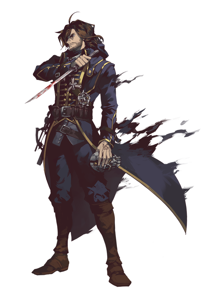 9gui2 beard blood boots brown_footwear brown_hair corvo_attano dishonored facial_hair full_body holding holding_sword holding_weapon male_focus military military_uniform skull solo sword tattoo torn_clothes transparent_background uniform weapon
