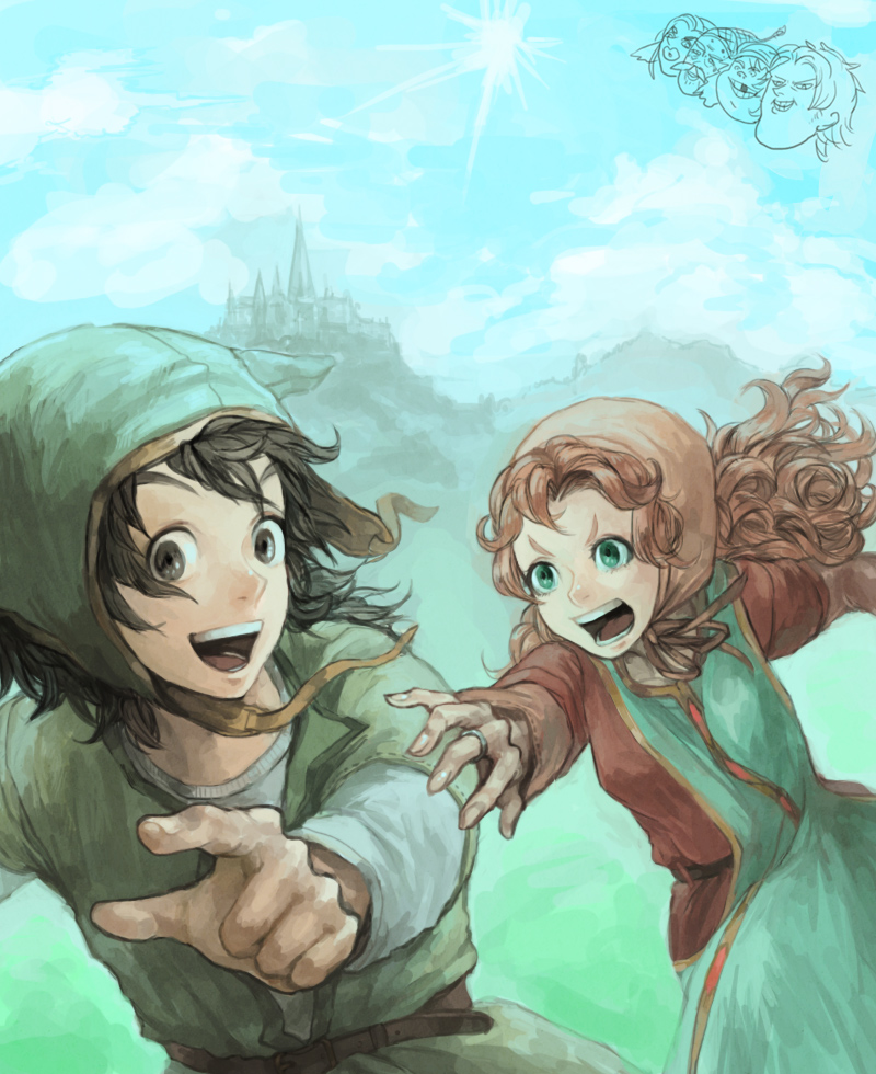 1girl aira_(dq7) black_eyes black_hair brown_hair castle curly_hair dragon_quest dragon_quest_vii gabo green_eyes hat hero_(dq7) hood jewelry kiefer long_hair maribel_(dq7) open_mouth orange_hair pr red_hair ring short_hair sir_mervyn smile teeth