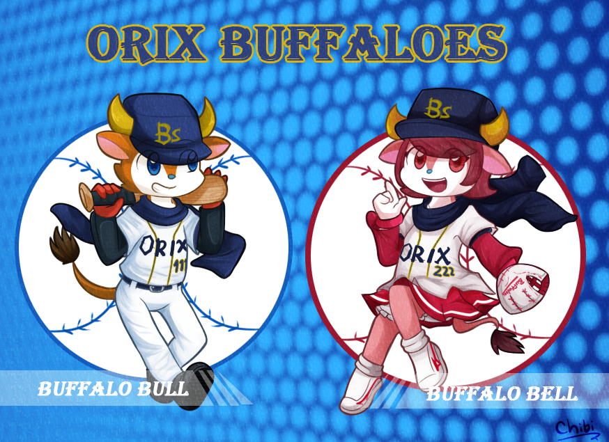 abstract_background anthro ball baseball_(ball) baseball_(sport) baseball_bat baseball_cap baseball_glove bovine brown_fur buffalo buffalo_bell buffalo_bull chibitracy cosplay female fur hat male mammal multiple_scenes nippon_professional_baseball orix_buffaloes pink_fur text