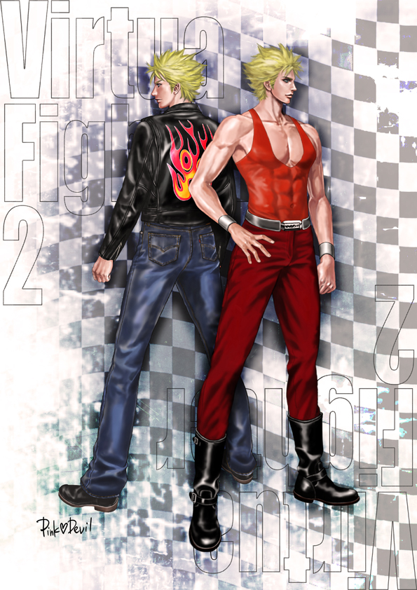 abs alternate_costume artist_name back-to-back blonde_hair blue_eyes boots bracer copyright_name denim dual_persona flame_print full_body hand_on_hip jacket jacky_bryant jeans leather leather_jacket male_focus md5_mismatch multiple_boys muscle pants pectorals pink_devil spiked_hair virtua_fighter