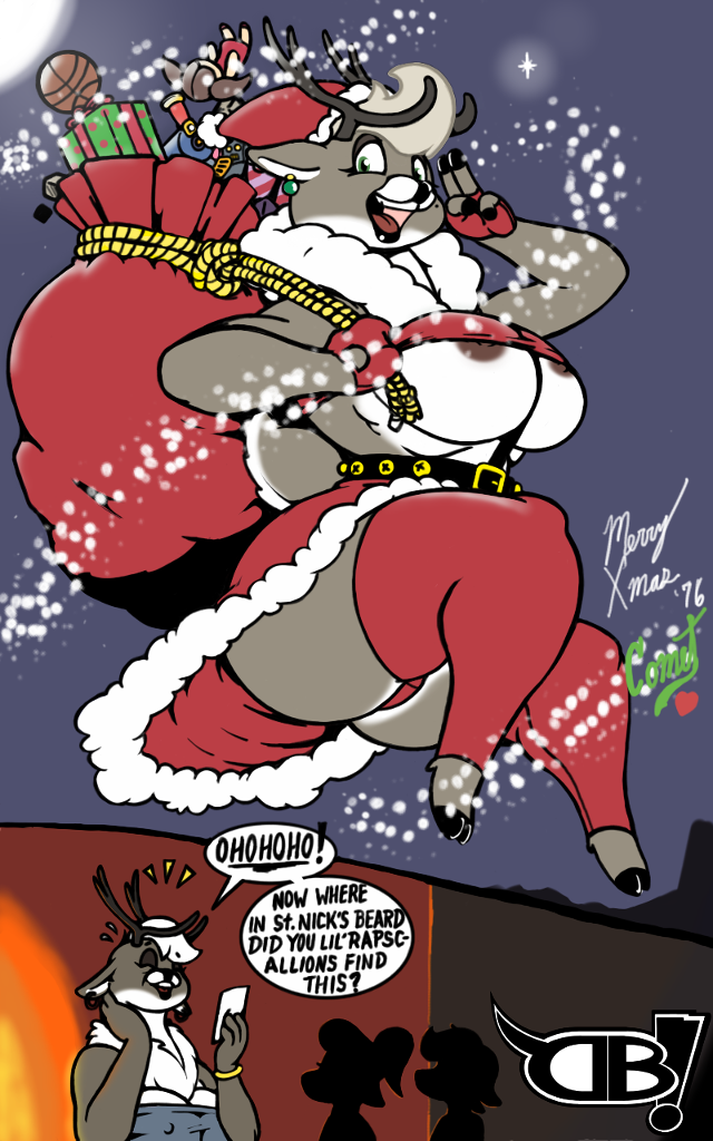 anthro antlers breasts cervine christmas cleavage clothed clothing comet_(reindeer) darkboss dialogue ear_piercing english_text eyes_closed female gift green_eyes hat holidays horn mammal mature_female nipple_slip open_mouth piercing reindeer sack santa_hat skimpy smile speech_bubble text