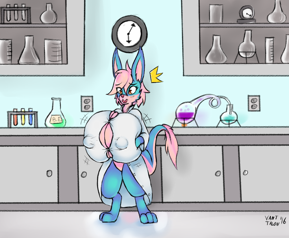 beakers big_breasts blue_fur breast_expansion breast_grab breast_squeeze breasts bulging_nipples clock fluffy fur growing_breasts hair hand_on_breast huge_breasts hyper hyper_breasts invalid_background kangaroo kikio lab lab_coat mammal marsupial nipples pink_fur pink_hair science shocked sketch surprise vant_talon yellow_eyes