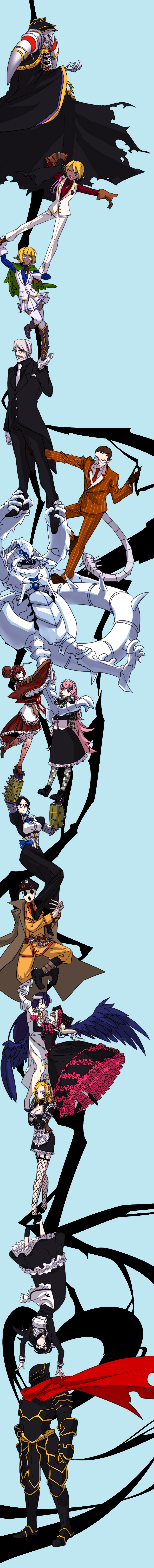6+girls absurdres ainz_ooal_gown aken albedo armor aura_bella_fiora blonde_hair blue_background blue_eyes boots butler camouflage cape capelet cocytus_(overlord) cross cz2128_delta dark_skin demiurge durarara!! entoma_vasilissa_zeta eyepatch facial_hair formal glasses goatee grin heterochromia highres horns jewelry long_hair long_image looking_at_another maid mare_bello_fiore multiple_boys multiple_girls narberal_gamma necklace necktie open_mouth overlord_(maruyama) pandora's_actor pants parody parted_lips pink_hair pleated_skirt red_eyes red_hair robe sebas_tian shalltear_bloodfallen shoes short_hair skeleton skirt smile solution_epsilon suit tall_image thighhighs trust_me vest white_hair wings yellow_eyes yuri_alpha zettai_ryouiki