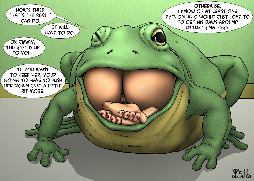 amphibian carnivore_cafe comic english_text female feral frog gaping_mouth human male mammal nude open_mouth paws pd_(artist) pussy text vore what what_has_science_done