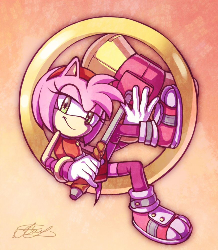 amy_rose anthro bare_shoulders beige_skin black_nose clothing dress female footwear gloves green_eyes hair half-closed_eyes hammer headband hedgehog legwear mammal pink_hair ring short_hair signature sitting smile solo sonic_(series) sonic_boom suncelia tools weapon